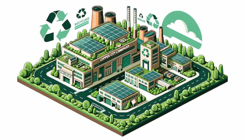 Illustration of a sustainable copper production facility at Copper City Company with solar panels, recycling symbols, and lush greenery.