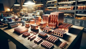 Custom copper busbars on a workbench with electrical components in the background